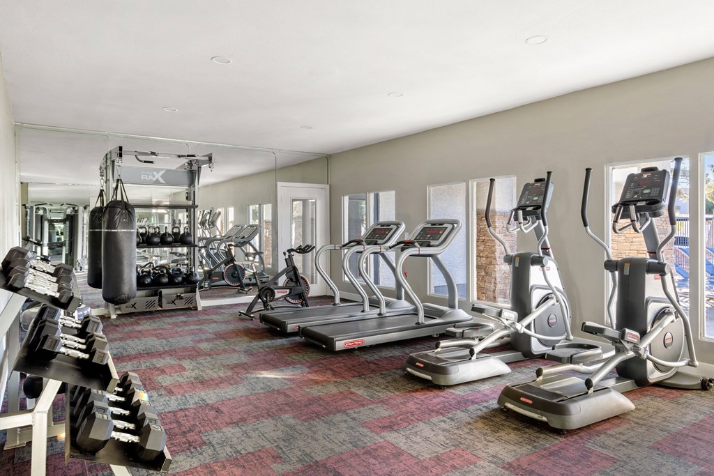 a spacious fitness room with cardio equipment and windows